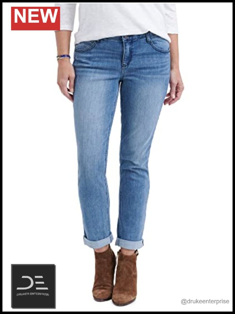 Petite Girlfriend Jeans Mid Rise Cuffed Stretch Denim